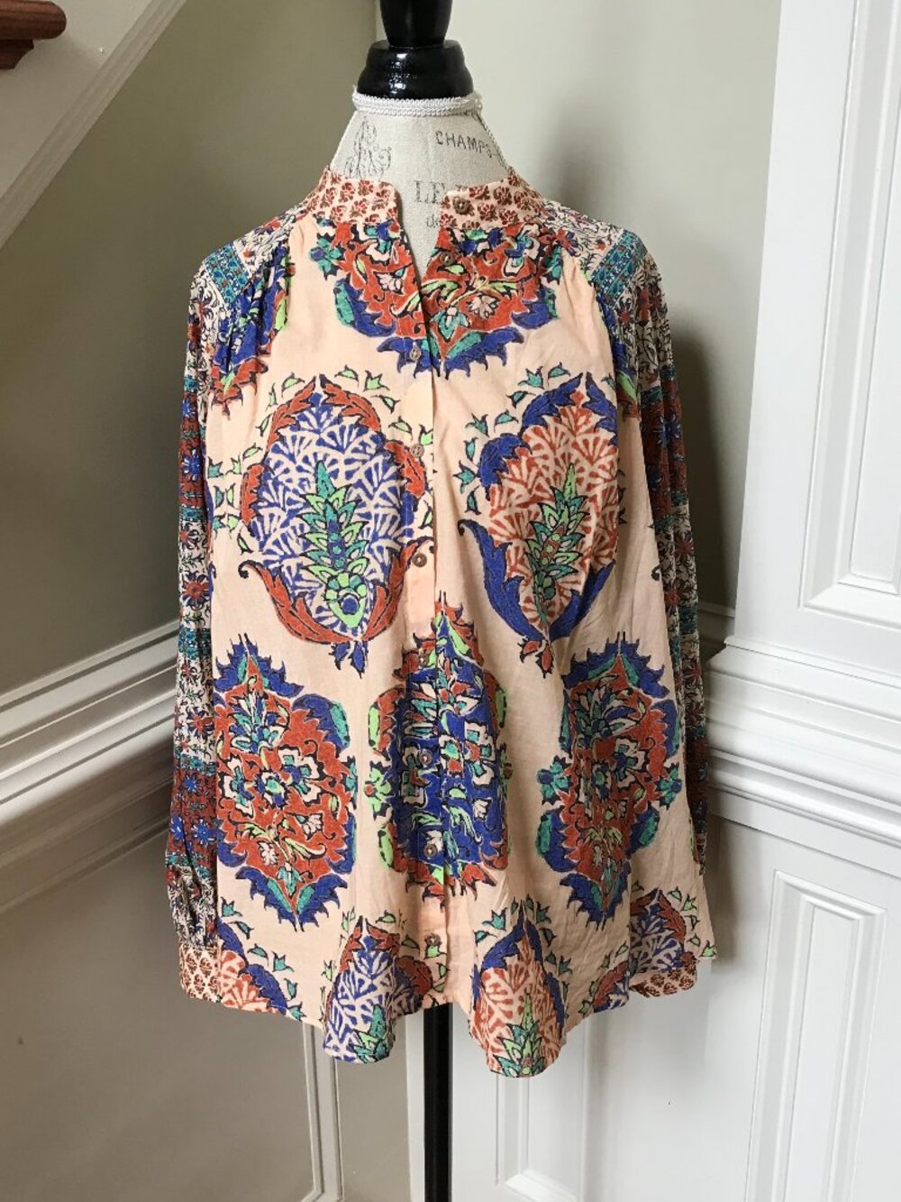Boteh Clementine Top Blouse Shirt Womens 4 Tan Brown Blue Organic Cotton Button